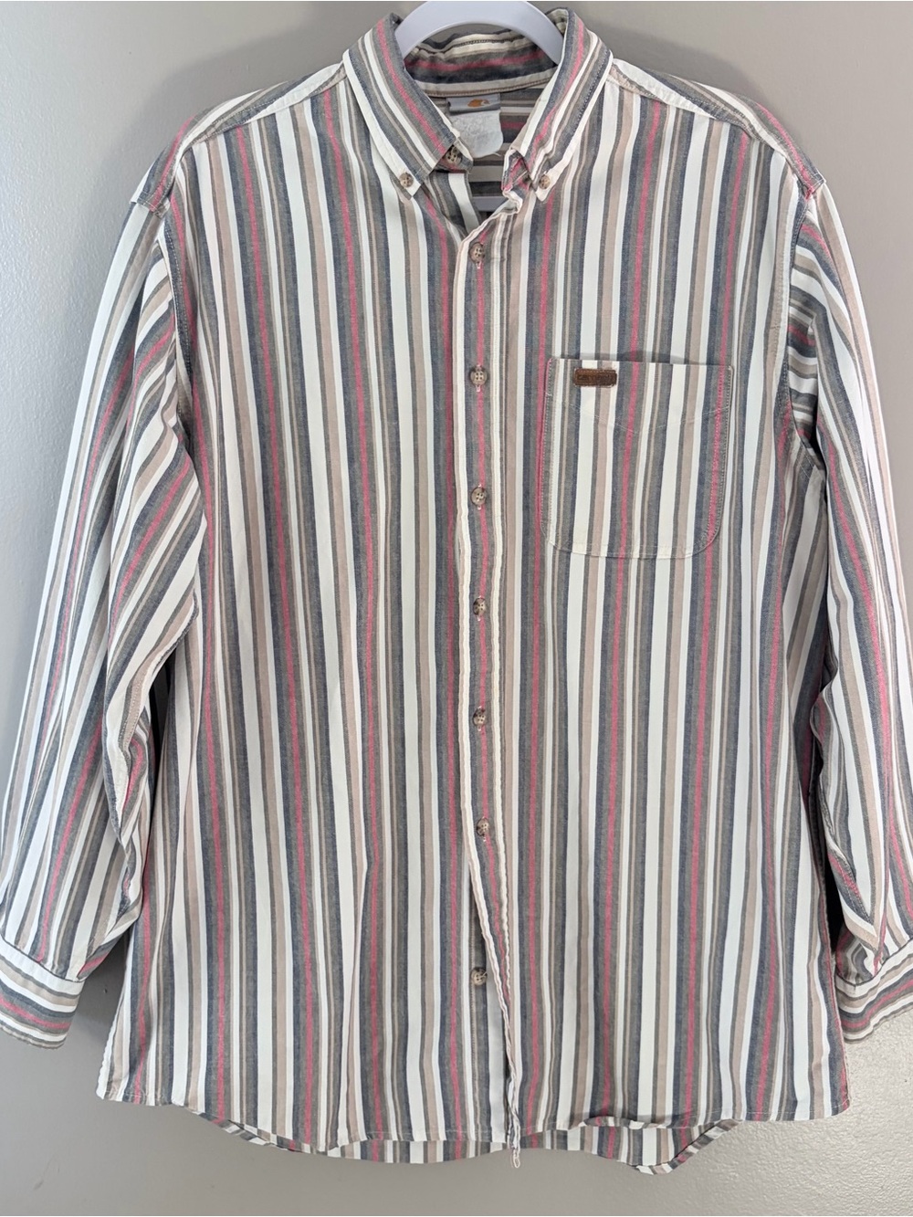 90s Vintage Carhartt Striped Button Down Shirt Mens Large Long Sleeve Workwear